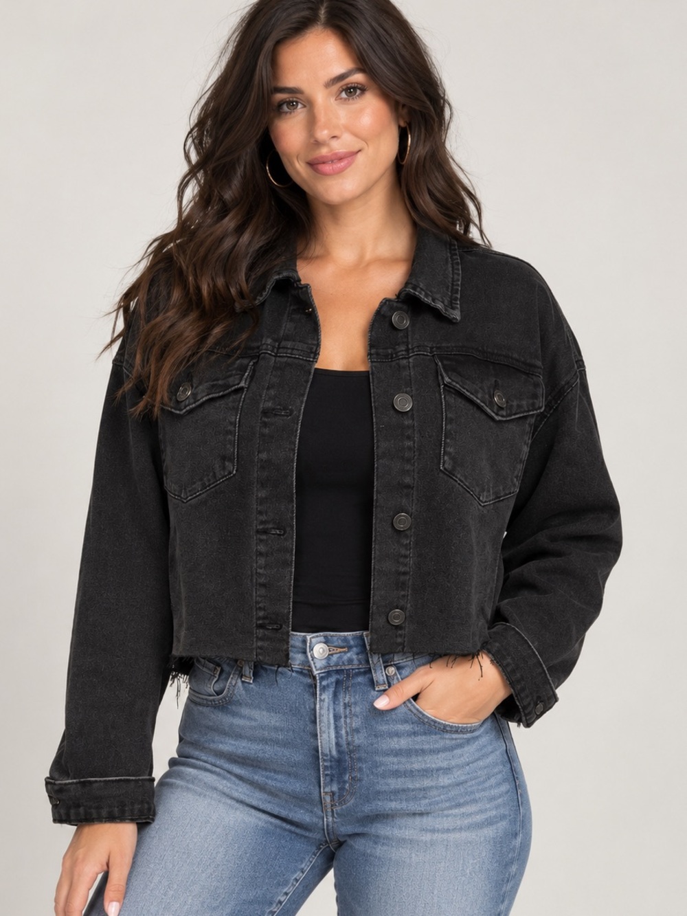 Rubberband XL Black Cropped Denim Jacket Button Front Utility Style